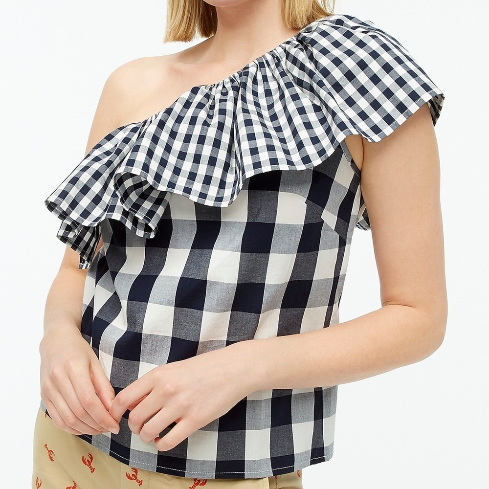 NWT J. Crew White Navy Gingham Cotton Ruffle One Shoulder Asymmetric Top size 4
